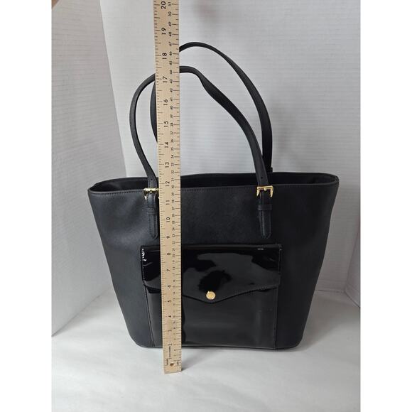 Michael Kors Black Jet Set Purse Large Patent Leather Pocket Minimalist Tote - Picture 5 of 11